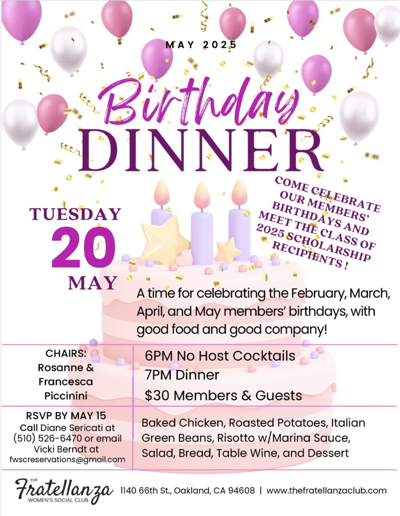 May 20 2025 birthday flyer for the Fratellanza Women's social club,