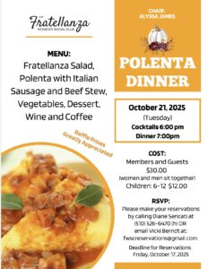 Fratellanza Women's Social Club Polenta Dinner for October 21, 2025 with image of polenta dish.
